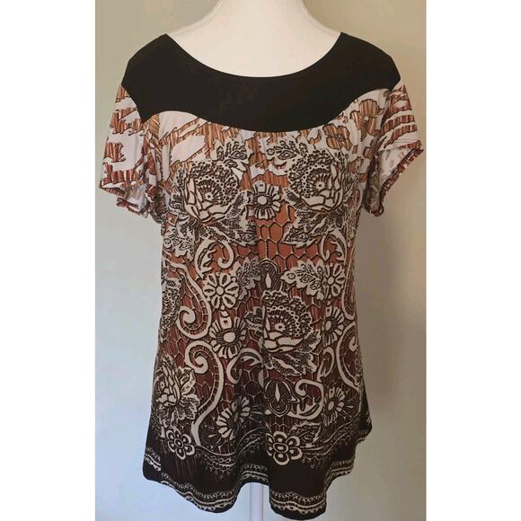 Shannon Ford New York Brown Floral Patterned Blouse Size M EUC Short Sleeves - Picture 1 of 6